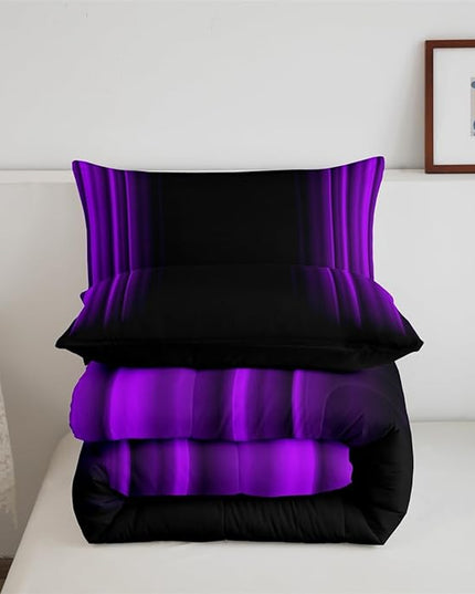 Geometric Abstract Ombre Comforter Set Kids Teens Purple and Black Striped Bedding Bed Set Decor Modern Fashion Comforter Inner Fill Bedroom Collection 2Pcs Twin Size - LeafyLoom