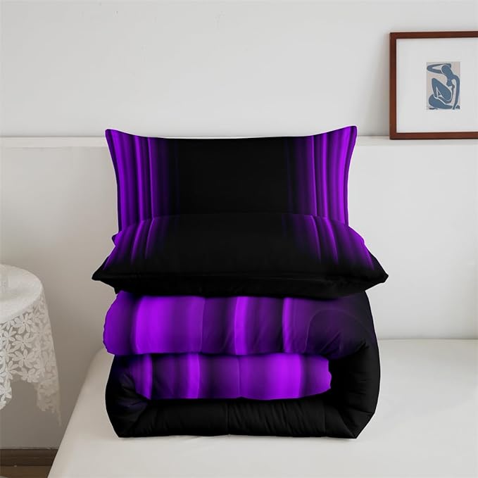Geometric Abstract Ombre Comforter Set Kids Teens Purple and Black Striped Bedding Bed Set Decor Modern Fashion Comforter Inner Fill Bedroom Collection 3Pcs Full Size - LeafyLoom