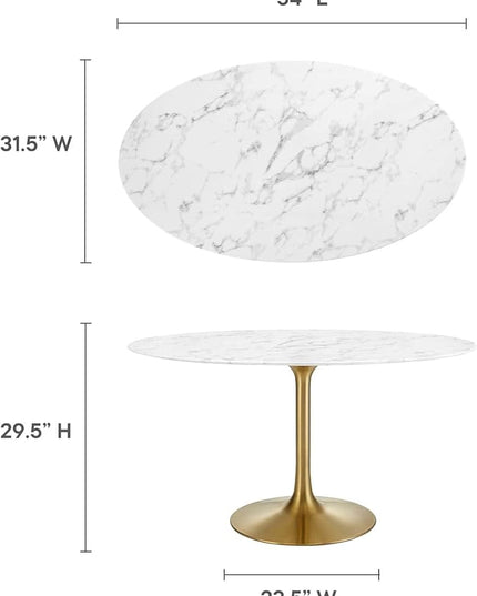 Modway Lippa 54" Oval-Shaped Mid-Century Modern Dining Table with Artificial Marble Top and Gold Base - LeafyLoom