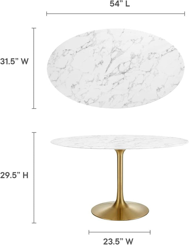 Modway Lippa 54" Oval-Shaped Mid-Century Modern Dining Table with Artificial Marble Top and Gold Base - LeafyLoom