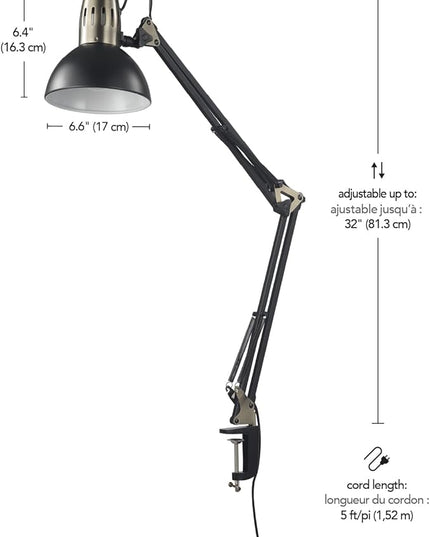 Globe Electric 62000009 32" Multi-Joint Desk Lamp with Metal Clamp, Matte Black, Antique Brass Accents, On/Off Rotary Switch on Shade, Partially Adjustable Swing Arm, Home Décor, Office Accessory - LeafyLoom