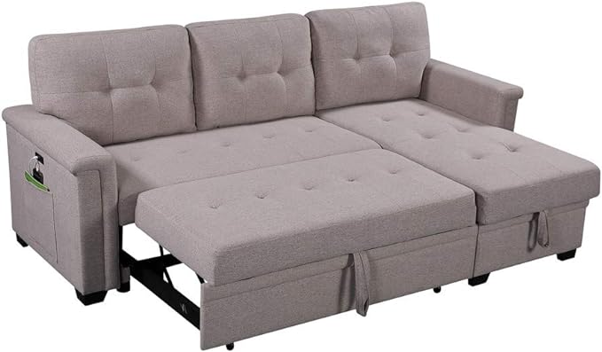 L-Shaped Reversible Sofa, with Side Pocket, USB Charger and Pull-Out Sleeper Bed, 84" Tufted Upholstered Couch, for Compact Space, Living Room, Bedroom, Apartment-Light Gray, 84 Inch - LeafyLoom