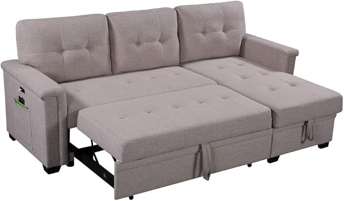 L-Shape Reversible Sectional Sofa w/Storage Chaise, Pull Out Sleeper Bed w/USB Charging Ports and Pocket, Functional Linen Couch for Living Room, Home,Apartment, Dorm, 84inch, Light Gray-1 - LeafyLoom