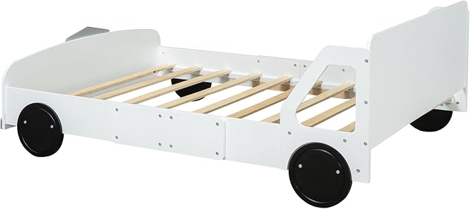 Full Size Car-Shaped Platform Bed with Wheels,Wood Bedframe W/Rails on Both Sides & Slat Support,No Box Spring Needed,Fun Play for Boys Kids Toddlers Child's Bedroom,White - LeafyLoom
