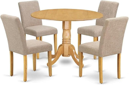 East West Furniture DLAB5-OAK-04 5 Piece Dinette Set for 4 Includes a Round Dining Room Table with Dropleaf and 4 Light Tan Linen Fabric Parsons Dining Chairs, 42x42 Inch, Oak - LeafyLoom