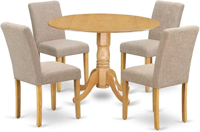 East West Furniture DLAB5-OAK-04 5 Piece Dinette Set for 4 Includes a Round Dining Room Table with Dropleaf and 4 Light Tan Linen Fabric Parsons Dining Chairs, 42x42 Inch, Oak - LeafyLoom