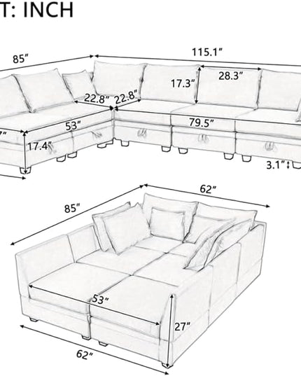 115.1" Modern Large U-Shape Modular Sectional Sofa with Reversible Chaise and Storage Seat, Convertible Sleeper Couch Bed for Living Room, Apartment, Office, Beige, 115.1 Inch - LeafyLoom