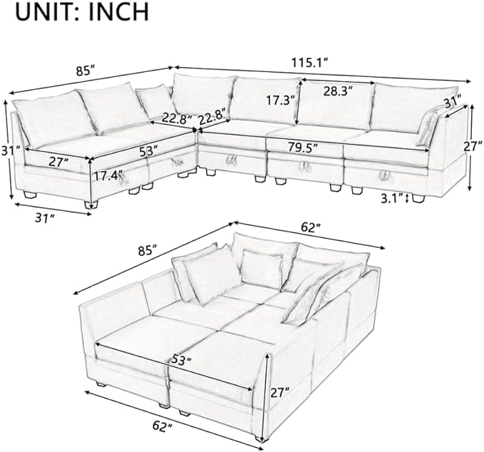 115.1" Modern Large U-Shape Modular Sectional Sofa with Reversible Chaise and Storage Seat, Convertible Sleeper Couch Bed for Living Room, Apartment, Office, Beige, 115.1 Inch - LeafyLoom