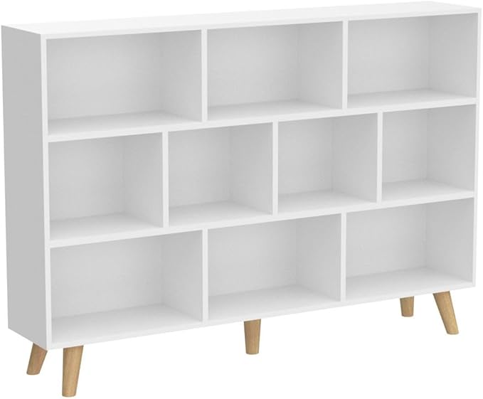 IOTXY Wooden Open Shelf Bookcase - 3-Tier Floor Standing Display Cabinet Rack with Legs, 10 Cubes Bookshelf, Warm White - LeafyLoom