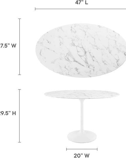 Modway Lippa 48" Oval-Shaped Mid-Century Modern Dining Table with Artificial Marble Top and White Base - LeafyLoom