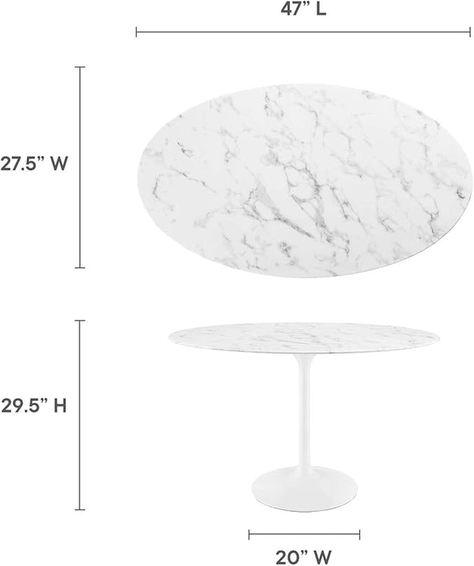 Modway Lippa 48" Oval-Shaped Mid-Century Modern Dining Table with Artificial Marble Top and White Base - LeafyLoom