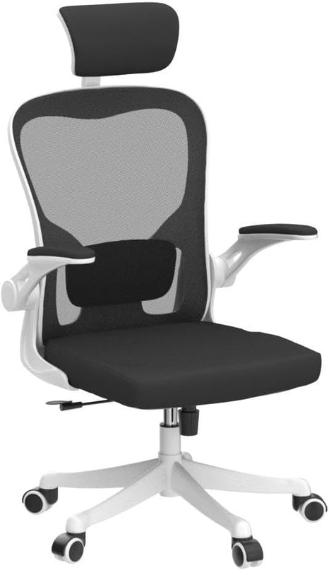 Office Chair, Ergonomic Office Chair with Lumbar Support & 3D Headrest & Flip Up Arms Home Office Desk Chairs Rockable High Back Swivel Computer Chair White Frame Black Mesh Study Chair - LeafyLoom