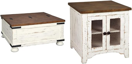 Signature Design by Ashley Wystfield Farmhouse Square Storage Coffee Table with Hinged Lift Top, Distressed White and End Table with Storage, Distressed White & Brown Finish - LeafyLoom