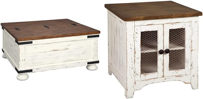 Signature Design by Ashley Wystfield Farmhouse Square Storage Coffee Table with Hinged Lift Top, Distressed White and End Table with Storage, Distressed White & Brown Finish - LeafyLoom