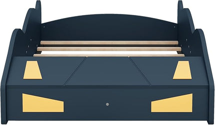 Twin Size Car Bed with Storage Space,Race Car-Shaped Platform Wooden Bedframe W/Wheels,No Box Spring Required,for Boys Toddlers Kids Child's Bedroom,Dark Blue+Yellow - LeafyLoom