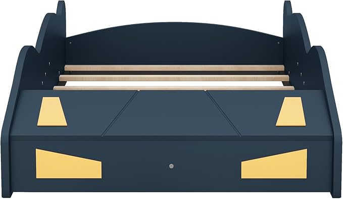 Twin Size Car Bed with Storage Space,Race Car-Shaped Platform Wooden Bedframe W/Wheels,No Box Spring Required,for Boys Toddlers Kids Child's Bedroom,Dark Blue+Yellow - LeafyLoom