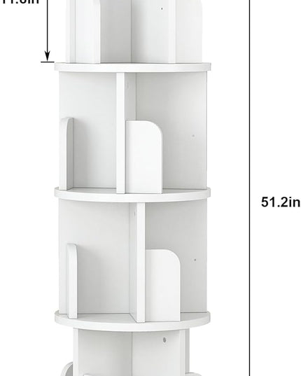 Rotating Bookshelf 51.2", White Wood Bookcase for Kids and Adults, 360 Display 4 Tier Small Corner Book Shelf Organizer, Floor Standing Storage Rack for Bedroom, Living Room, White - LeafyLoom