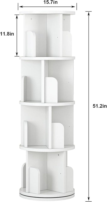 Rotating Bookshelf 51.2", White Wood Bookcase for Kids and Adults, 360 Display 4 Tier Small Corner Book Shelf Organizer, Floor Standing Storage Rack for Bedroom, Living Room, White - LeafyLoom
