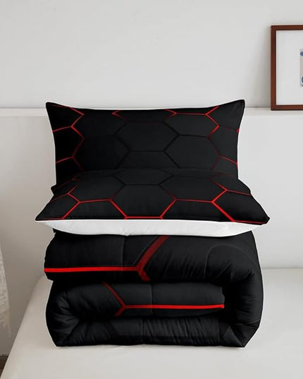 Honeycomb Bedding Set Honeycomb Modern Geometry Hexagon Theme Comforter Set for Kids Boys Children Geometrical Comforter Ultra Soft Beehive Black Red Decor Duvet Set Twin Size - LeafyLoom