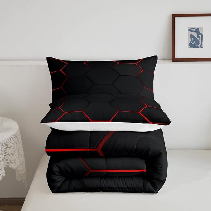 Honeycomb Bedding Set Honeycomb Modern Geometry Hexagon Theme Comforter Set for Kids Boys Children Geometrical Comforter Ultra Soft Beehive Black Red Decor Duvet Set Twin Size - LeafyLoom