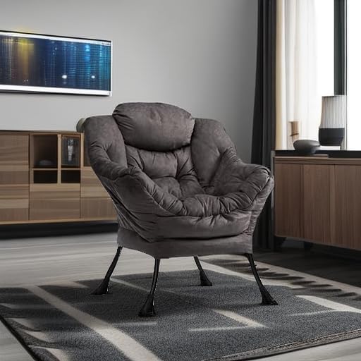 HollyHOME Modern Fabric Large Lazy Chair, Accent Oversized Comfy Reading Chair, Thick Padded Cozy Lounge Chair with Armrest, Steel Frame Leisure Sofa Chair for Living Room, Bedroom, Dorm, Coffee Grey - LeafyLoom