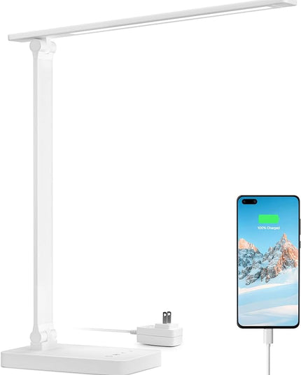 Lepro LED Desk Lamp with USB Charging Port Dimmable Home Office Touch Control Reading Table Lamp,3 Color Modes with 5 Brightness Level, School Dorm Room Essentials, Task Lamp, Sewing, Crafting, White - LeafyLoom