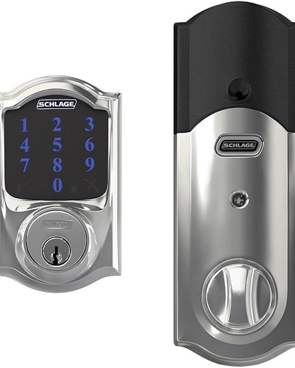 SCHLAGE BE469ZP CAM 625 Connect Smart Deadbolt With Alarm Inbuilt Camelot Trim In Bright Chrome SchlageLockCompany