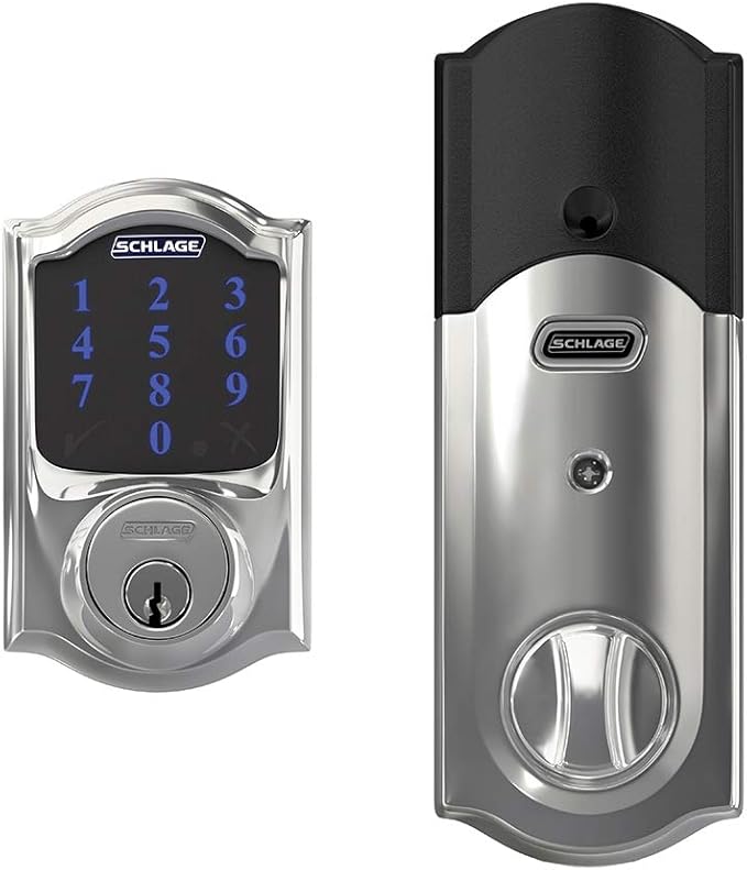 SCHLAGE BE469ZP CAM 625 Connect Smart Deadbolt With Alarm Inbuilt Camelot Trim In Bright Chrome SchlageLockCompany