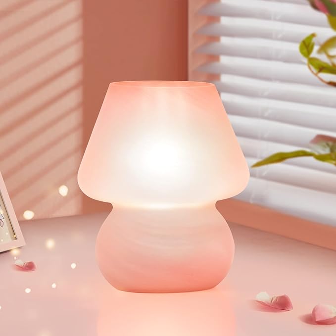 Mushroom Lamp Cute Table Lamp for Bedroom Nightstand Soft Light Pink, Small Glass Nightlight Stepless Dimmable Desk Lamp for Dining, Living, Nursery, Vanity, Home Decor Gift for Girls Women - LeafyLoom
