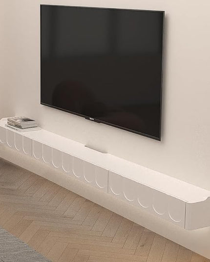 Floating TV Stand, 73'' High Gloss Wall Mounted TV Cabinet, Floating TV Shelves with Door & Drawers, Modern Entertainment Media Console Center Large Storage TV Bench for Living Room (White) - LeafyLoom