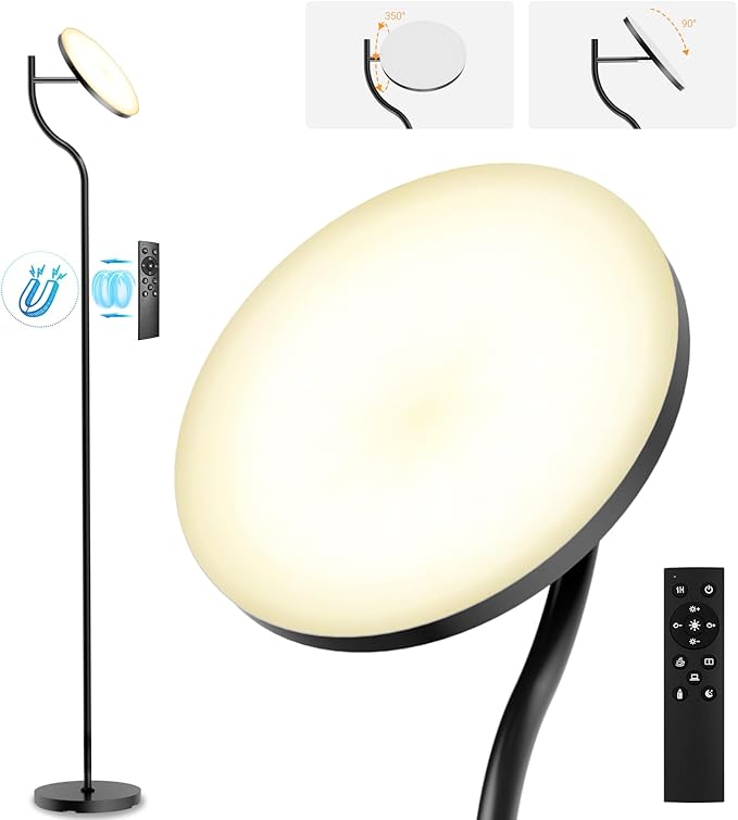 FIMEI LED Modern Floor Lamp, Super Bright Dimmable Tall Standing Lamp with 10'' Lamp Panel, 4 Color Temperature Rotatable Reading Floor Lamps, Remote&Touch Control, for Living Room Bedroom Office - LeafyLoom
