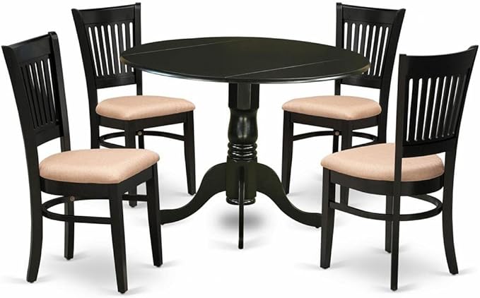 East West Furniture Dublin 5 Piece Dining Set for 4 includes a Round Kitchen Table with Dropleaf and 4 Linen Fabric Upholstered Dinette Chairs, 42x42 Inch, DLVA5-BLK-C - LeafyLoom