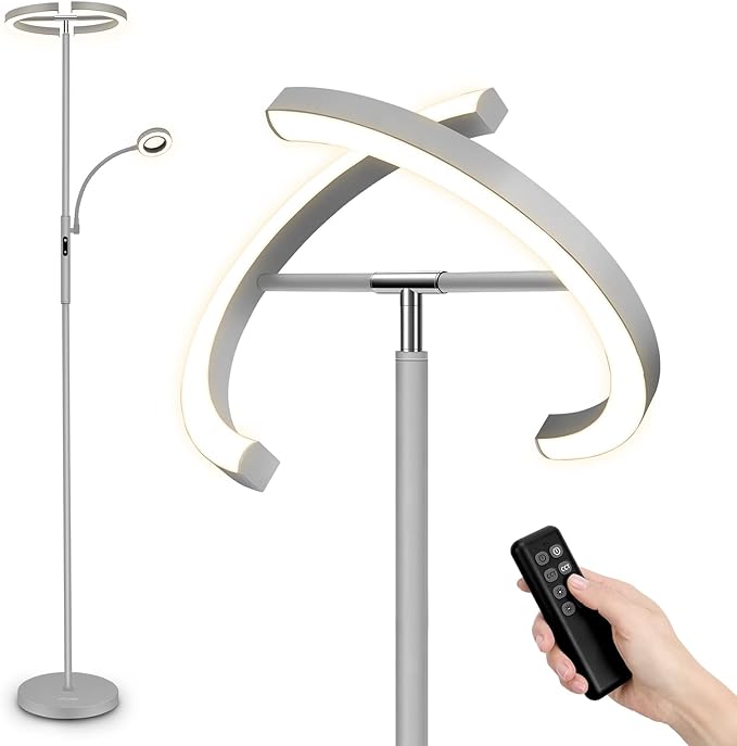 FIMEI Split Floor Lamp with Reading Light, Modern Bright LED Rotatable Standing Lamp with Stepless Dimming and 3000K-6000K Color for Living Room Bedroom Office, Touch and Remote Control, Gray - LeafyLoom
