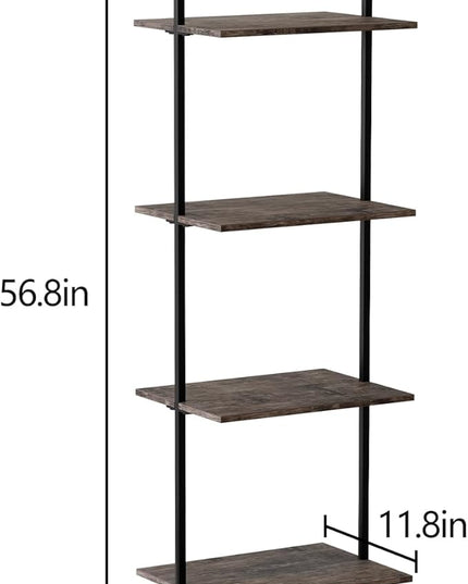 Ladder Shelf 4 Tiers Metal Industrial Bookshelf,Brown Wood Tall Open Storage Rack and Display Shelves,Wall Mount Wide Book Case for Home Office Bedroom,Small - LeafyLoom