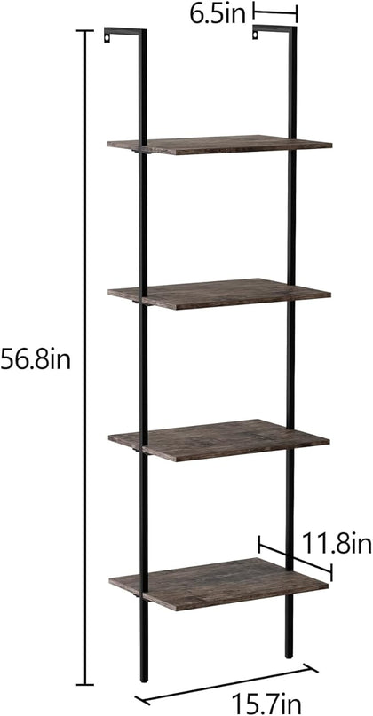 Ladder Shelf 4 Tiers Metal Industrial Bookshelf,Brown Wood Tall Open Storage Rack and Display Shelves,Wall Mount Wide Book Case for Home Office Bedroom,Small - LeafyLoom