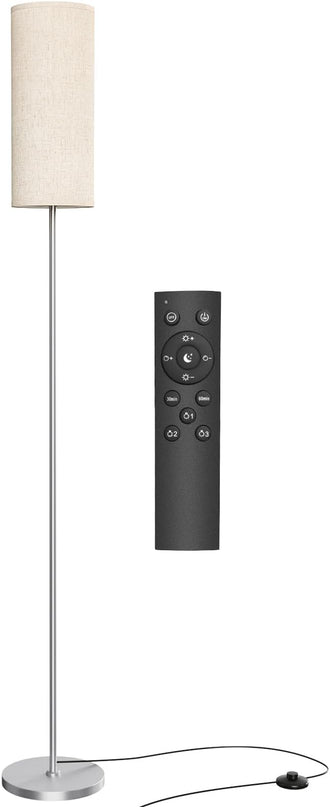 Floor Lamp for Living Room, Modern Standing lamp with Remote Control, Stepless Dimmable 12W Bulb & Beige Lampshade Included, Brushed Nickel Pole Tall Floor Lamp for Bedroom Office - LeafyLoom