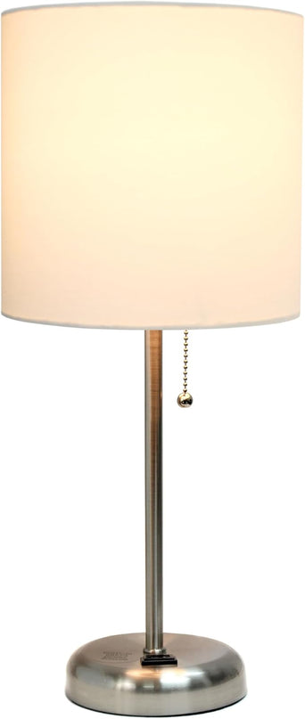 Simple Designs LT1144-WHT Sleek and Slender Brushed Steel Table Lamp with Charging Outlet, for Bedroom, Living Room, Entryway, Office, Dining Room, Study, White Shade - LeafyLoom