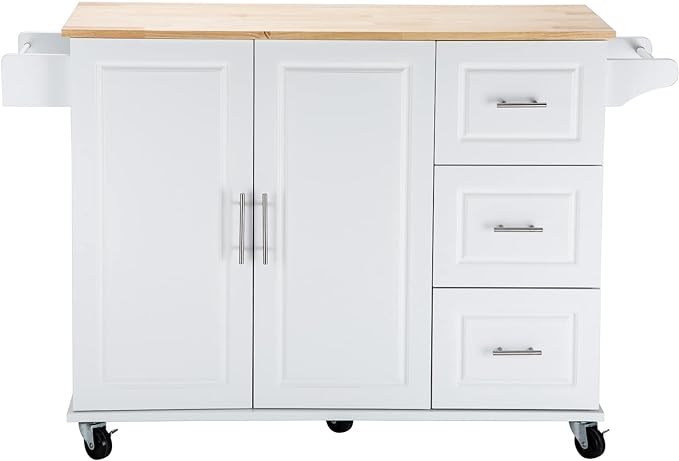 Mobile Kitchen Island with Extensible Rubber Wood Table Top,Adjustable Shelf Inside, Cabinets Cart w/ 3 Storage Drawers,Spice Towel-Rack,for Dining Room Bar,White, 53.93" L x 17" W x 36.22" H - LeafyLoom