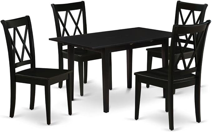 East West Furniture NOCL5-BLK-W 5 Piece Dining Table Set for 4 Includes a Rectangle Kitchen Table with Butterfly Leaf and 4 Dinette Chairs, 32x54 Inch, Black - LeafyLoom