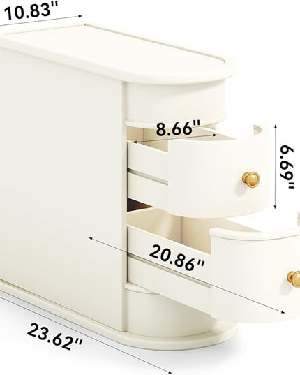 End Table, Off-White Wooden Side Table with 2 Drawers, No Assembly Required Sofa Side Table, Closed Back, Vintage Slim Nightstand Bedside Table for Bedroom - LeafyLoom