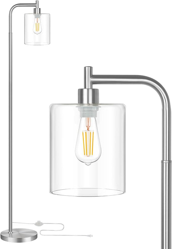 MAXvolador Industrial Floor Lamp, Modern Standing Lamp with Hanging Clear Glass Shade, Classic Reading Tall Pole Light for Living Room, Brushed Nickel - LeafyLoom