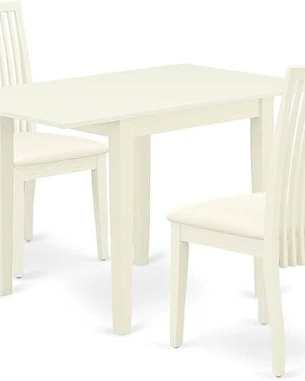 East West Furniture NDIP3-LWH-C Norden 3 Piece Modern Set Contains a Rectangle Wooden Table with Dropleaf and 2 Fabric Dining Room Chairs, 30x48 Inch, Linen White - LeafyLoom