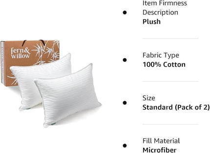 Fern and Willow Pillows for Sleeping - Set of 2 Standard Size 20"x26"/Kids Size Down Alternative Pillow Set w/Luxury Plush Cooling for Side, Back & Stomach Sleepers - LeafyLoom