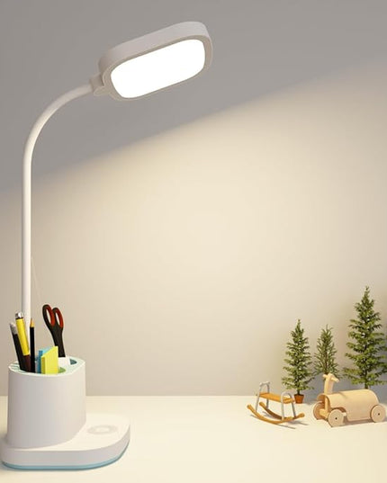 Desk Lamp College Dorm Room Essentials for Girls Guys, 3 Color Reading Lamp with USB Charging Port, Pen Holder, LED Desk Light for Home Office, Rechargeable Battery Cordless, Flexible Gooseneck, White - LeafyLoom