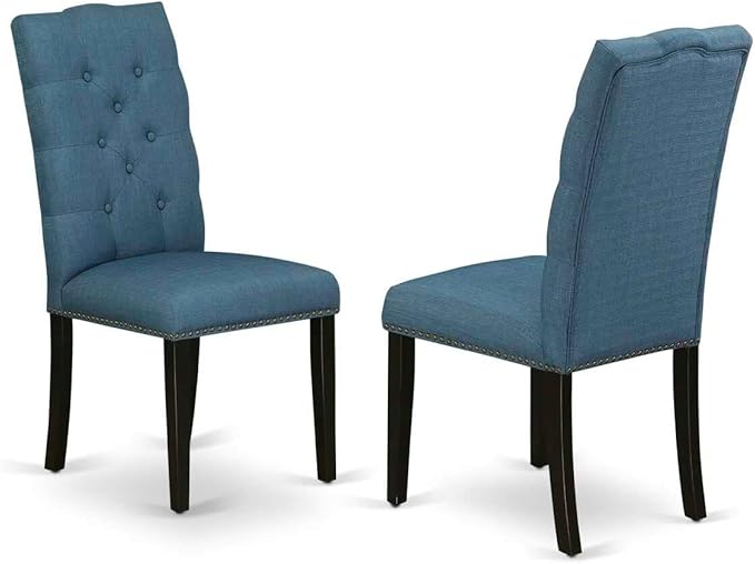 East West Furniture Antique 3 Piece Set Contains a Round Kitchen Table with Pedestal and 2 Blue Linen Fabric Parsons Dining Chairs, 36x36 Inch, Black & Cherry - LeafyLoom