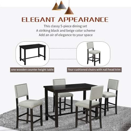 5-Piece Furniture, Wooden Rectangular Dining Table Set with 4 Upholstered Backrest Chairs Family for Kitchen, Black and Beige - LeafyLoom