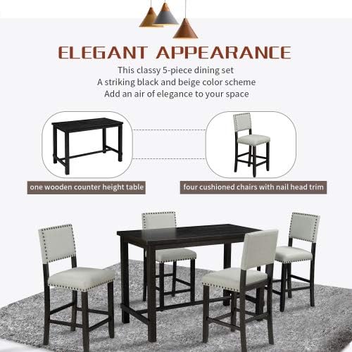 5-Piece Furniture, Wooden Rectangular Dining Table Set with 4 Upholstered Backrest Chairs Family for Kitchen, Black and Beige - LeafyLoom