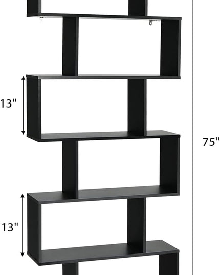 BETTARY 6-Tier Bookshelf, Freestanding S-Shaped Geometric Display Shelf, Modern Tall Bookcase for Home Office, Living Room, Bedroom, Black - LeafyLoom