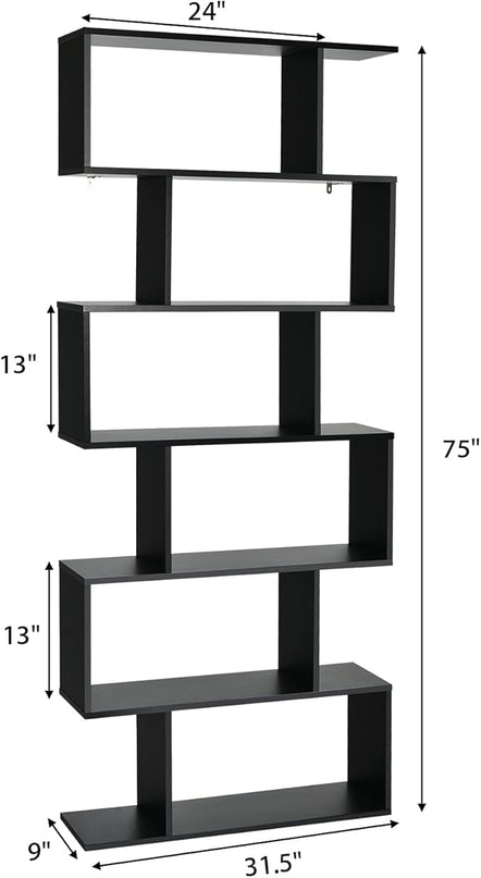 BETTARY 6-Tier Bookshelf, Freestanding S-Shaped Geometric Display Shelf, Modern Tall Bookcase for Home Office, Living Room, Bedroom, Black - LeafyLoom