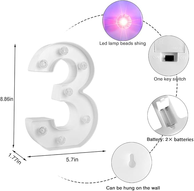 Glintee Decorative Led Light Up Number, Light Up Number Sign for Night Light Wedding Birthday Party Christmas Home Bar Decoration Number-(Number 3) - LeafyLoom